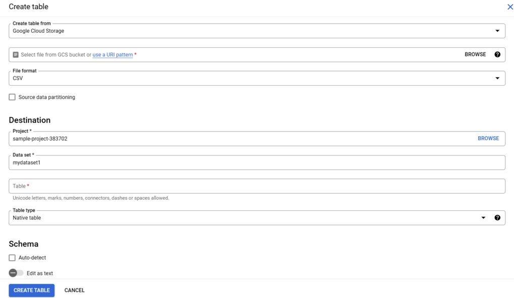 BigQuery to BigQuery: Configuring Create Table Panel