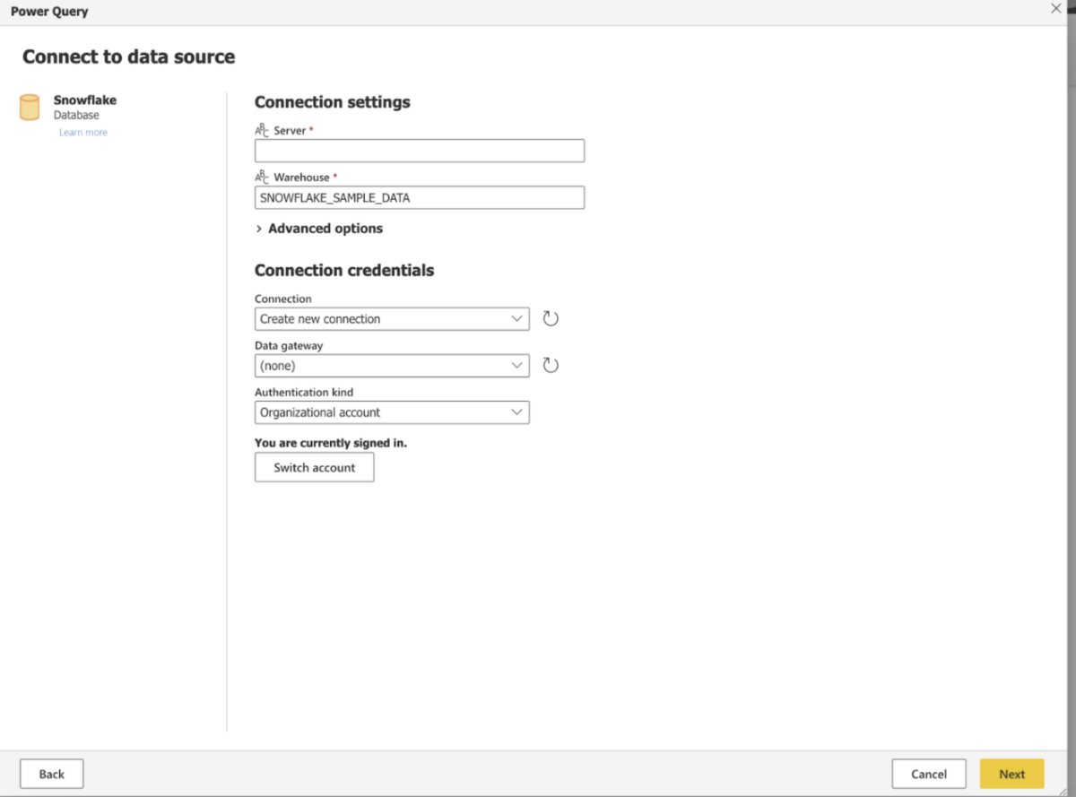 Connecting to Snowflake Data Source in Power BI Data Mart