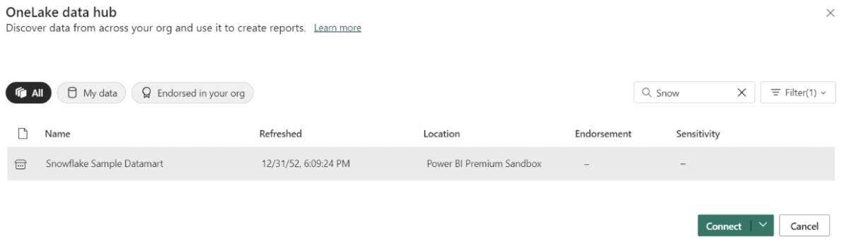 Selecting Snowflake Data Mart from the Power BI Desktop