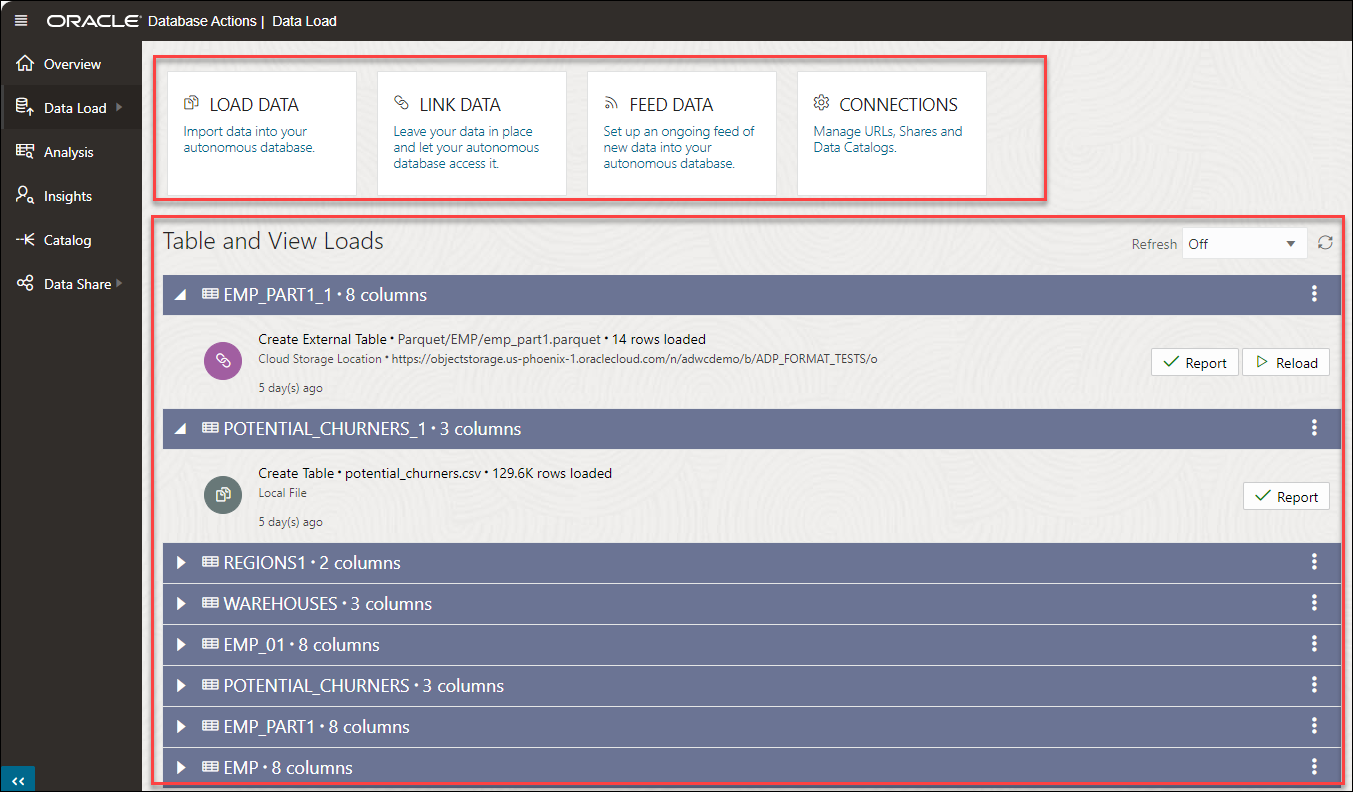 Oracle Data Load Dashboard Page