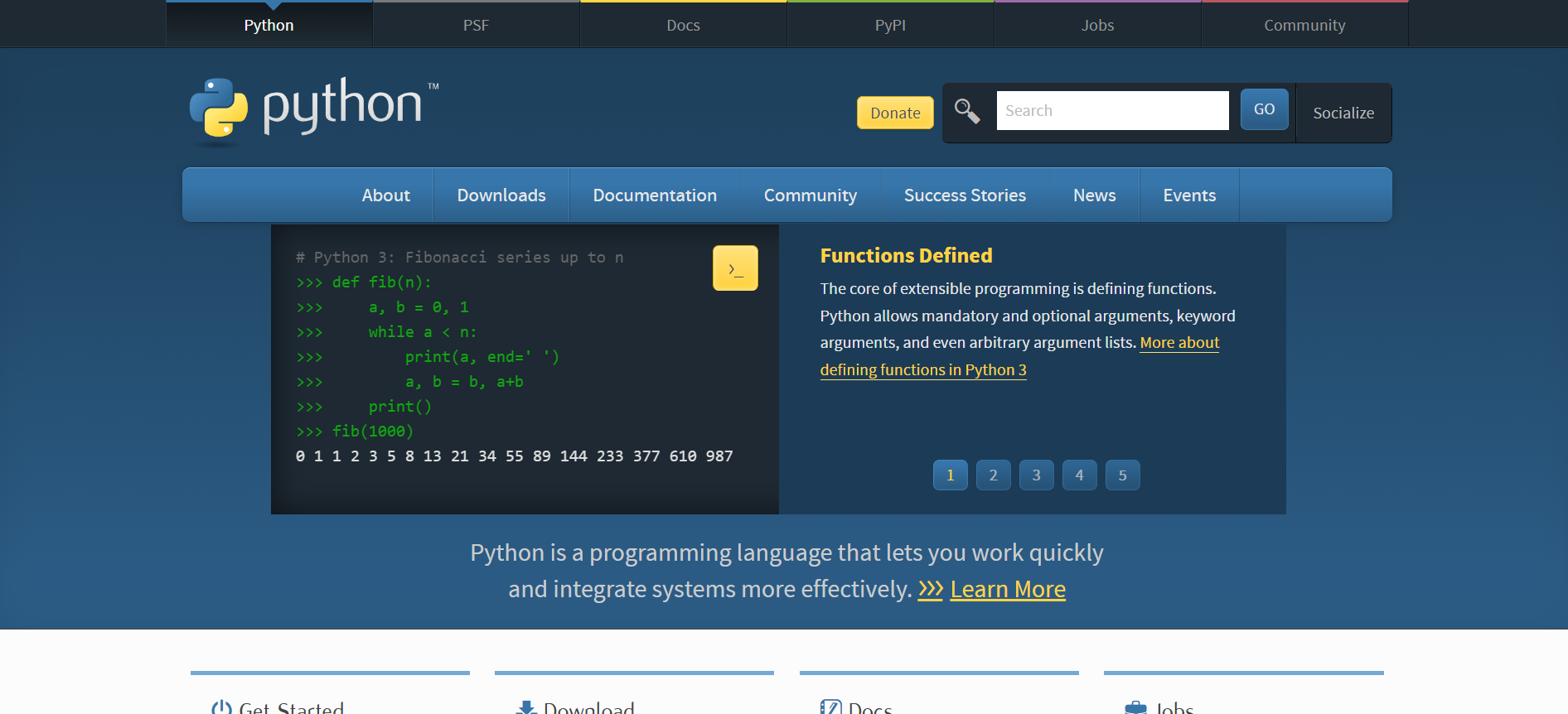 Python dashboard that says 'Python is a programming language that lets you work quickly and integrate systems more effectively.'