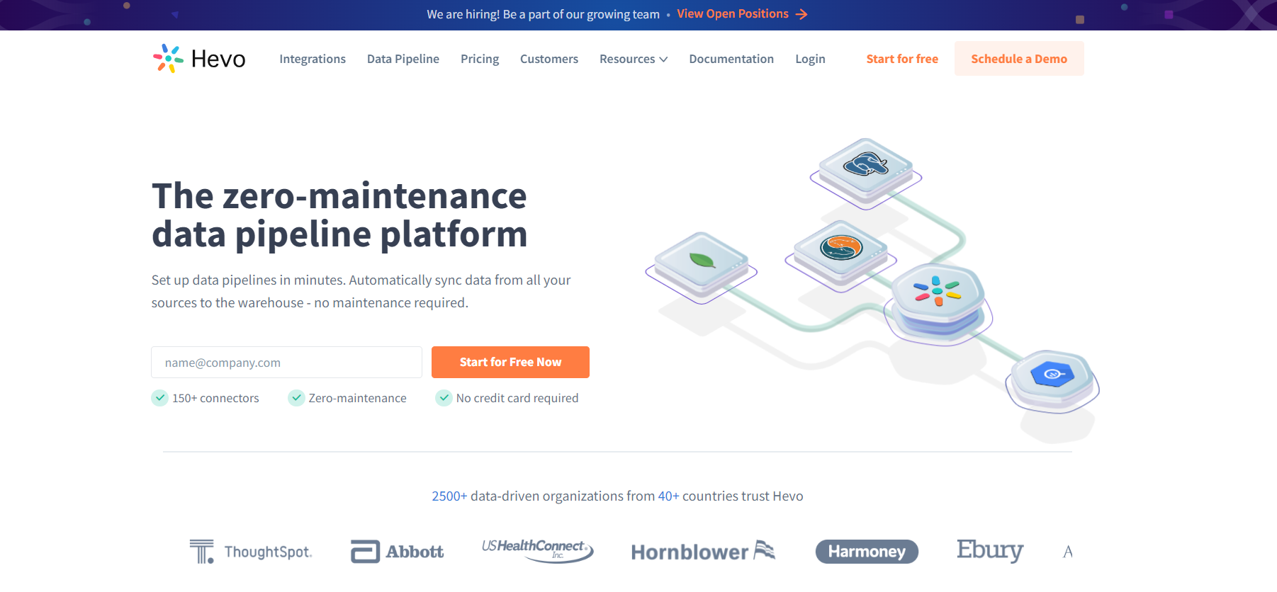 Hevo Data dashboard that says 'The zero-maintenance data pipeline platform'