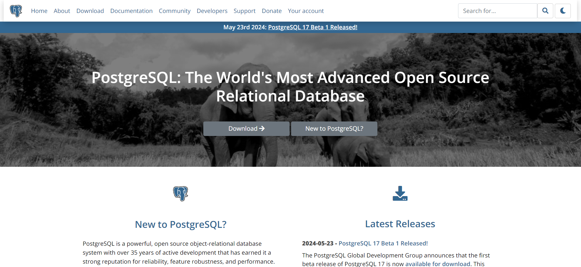 PostgreSQL dashboard displaying 'PostgreSQL: The World's Most Advanced Open Source Relational Database'