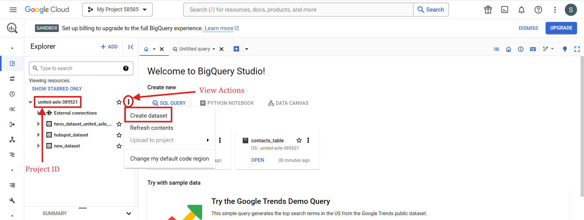 BigQuery Overview page for creating a dataset