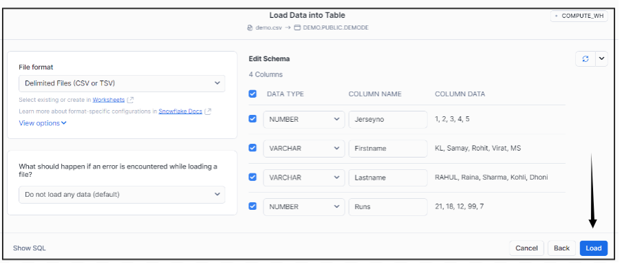 Load data into table