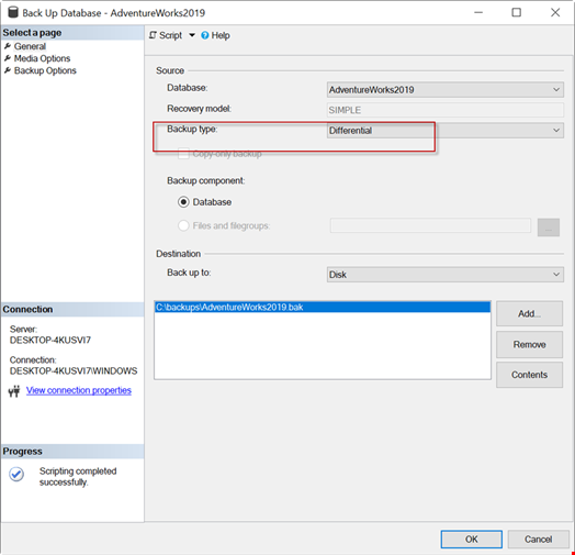 Creating a Differential Backup