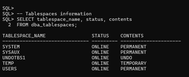 Viewing tablespaces information