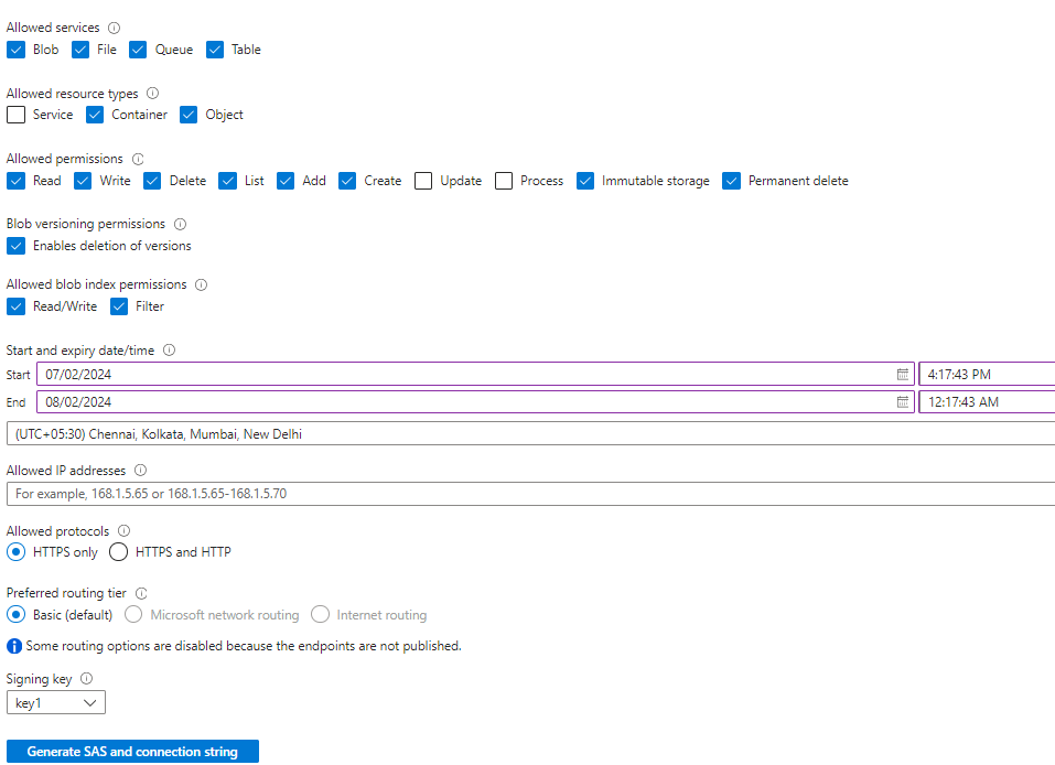 Generate SAS and Connection String.