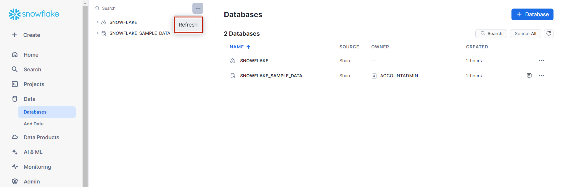 Refresh Databases in Snowflake.