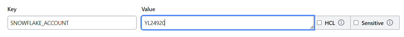 Create a new Environment Variable 'SNOWFLAKE_ACCOUNT'.