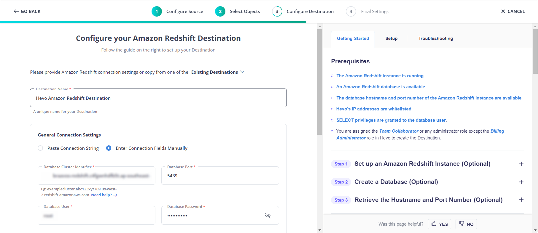 Hevo Redshift destination