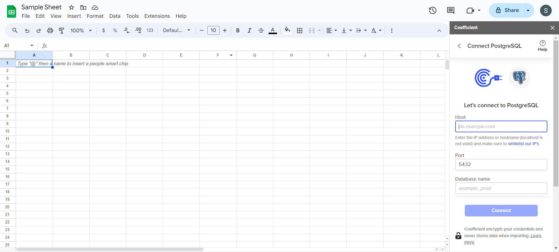 Connecting Postgres to Google Sheets using Coefficient