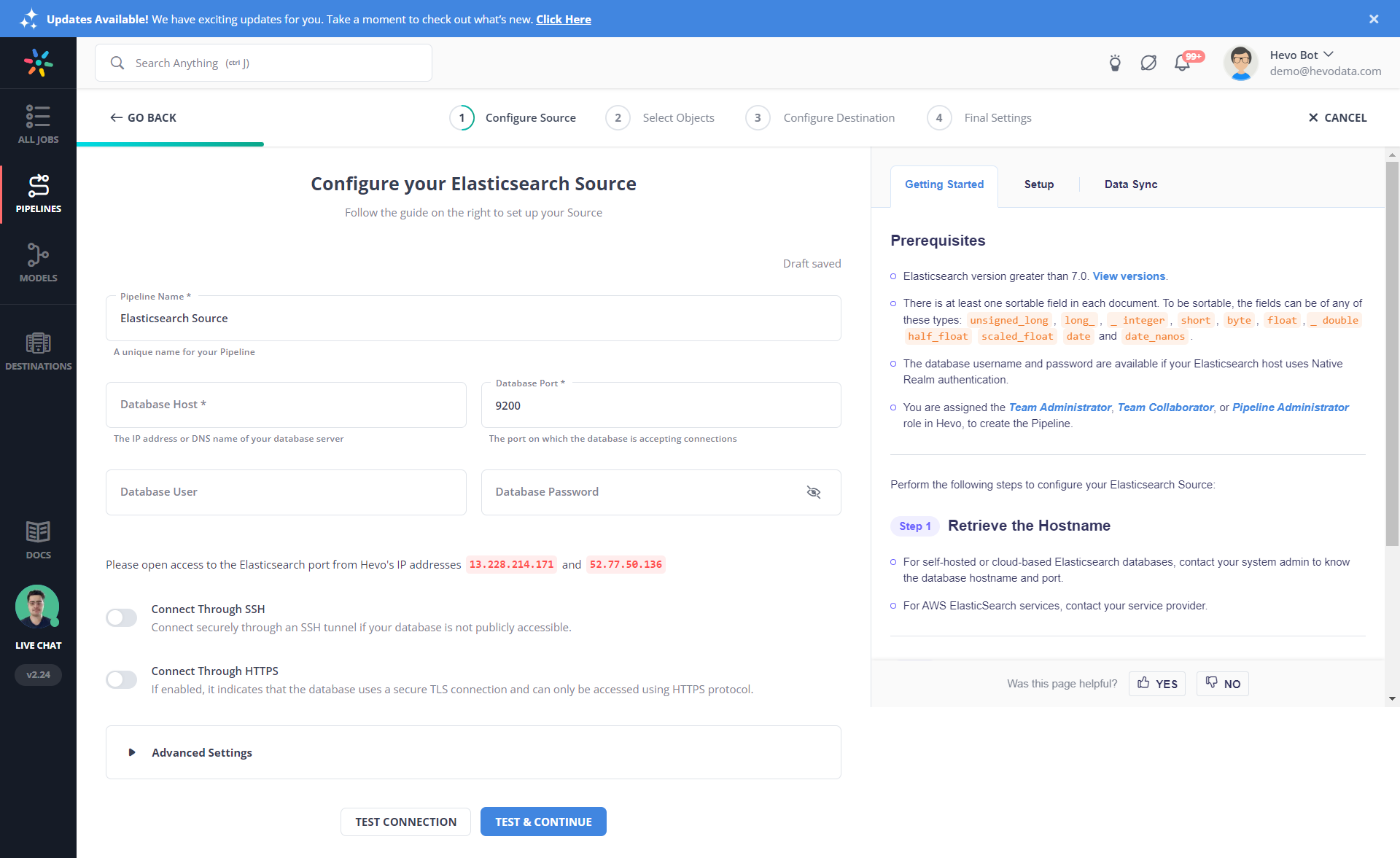 Hevo source configuration page image