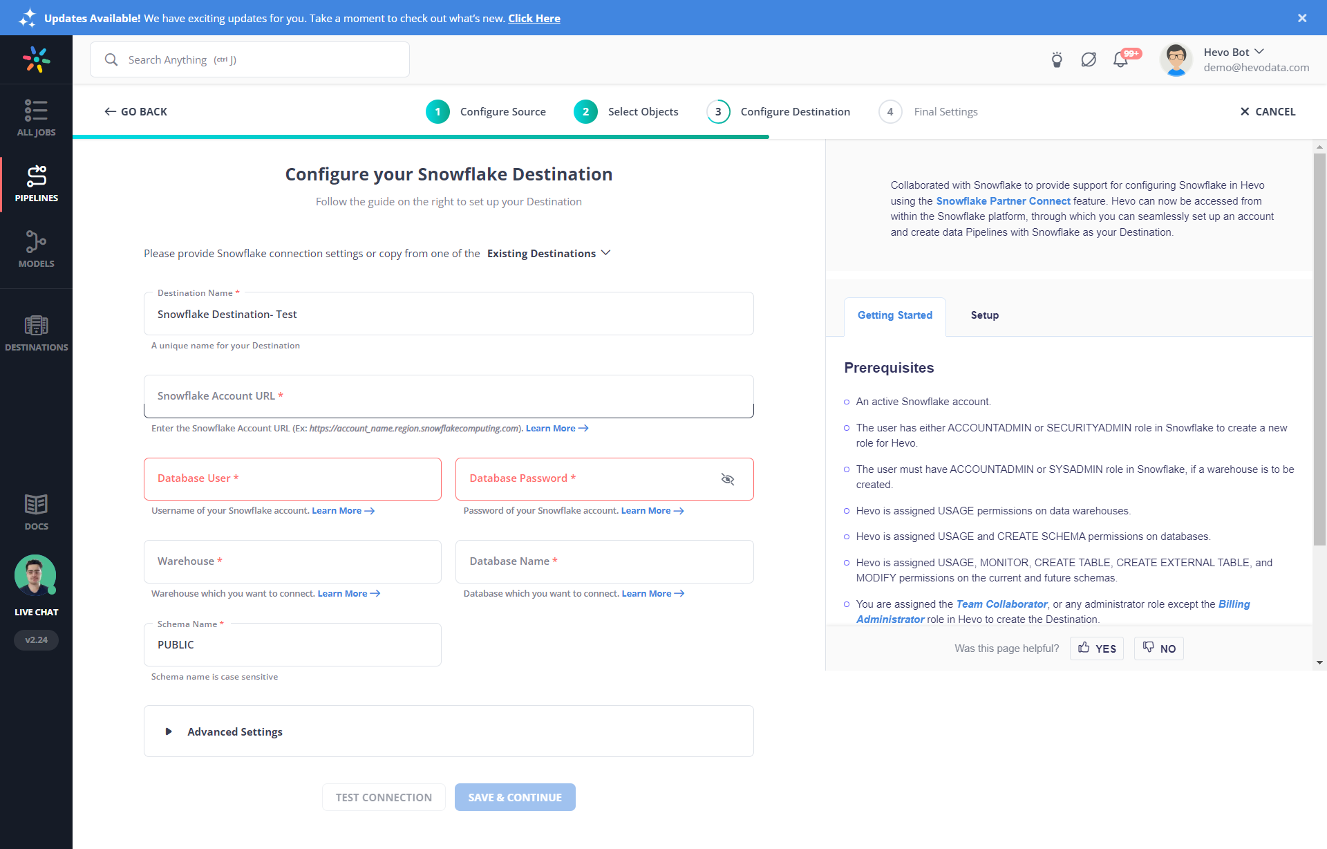 Hevo Destination configuration page image