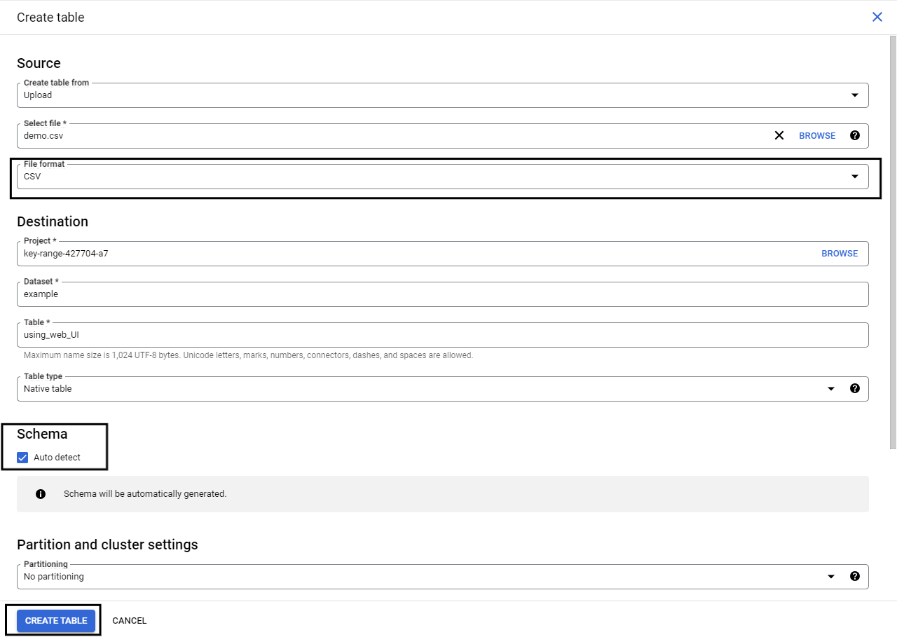 Create Table configuration