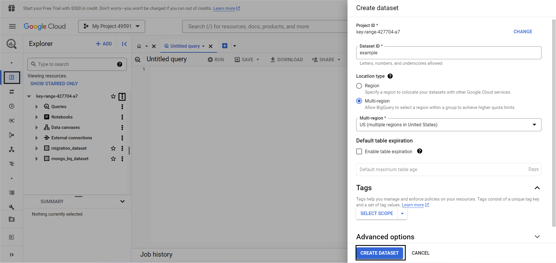 Creating a Dataset using BigQuery UI