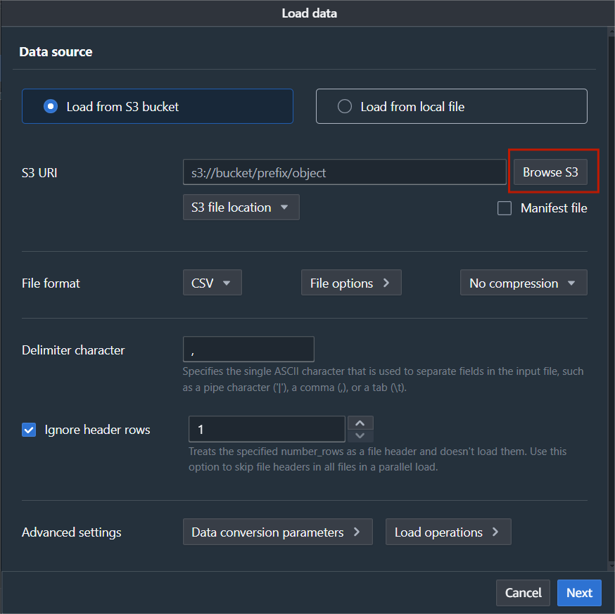 Load data configurations page