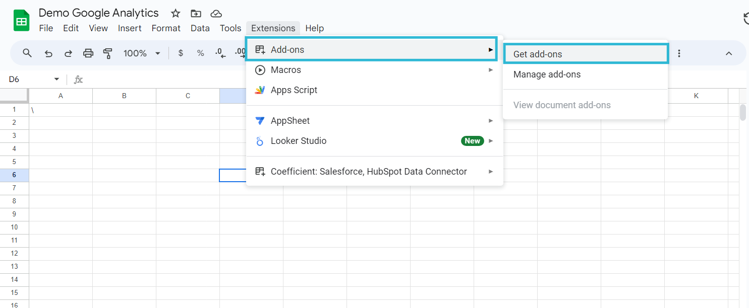 Install Google Analytics Spreadsheet Add-on.