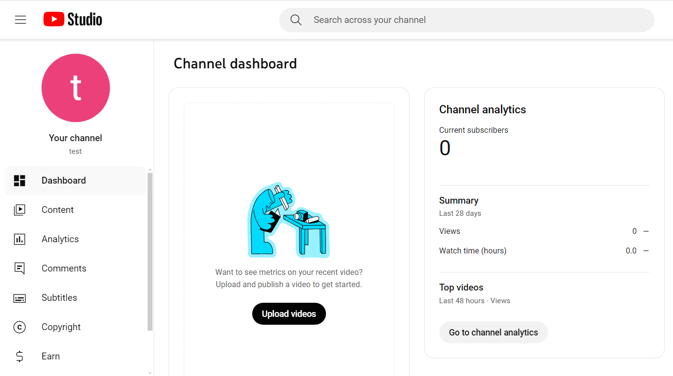 YouTube Studio Channel Dashboard.