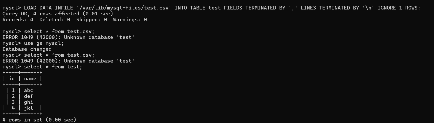 Load data to MySQL database Command and output