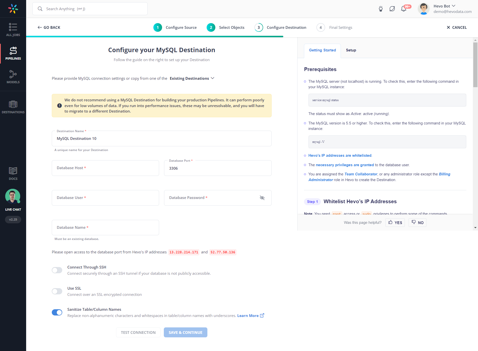 Configure MySQL as Destination