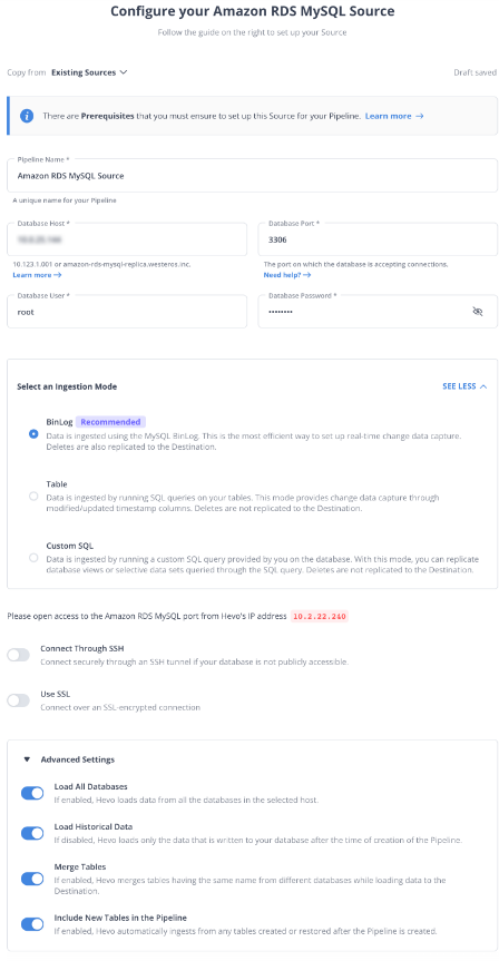 Configure Amazon RDS as a Source.