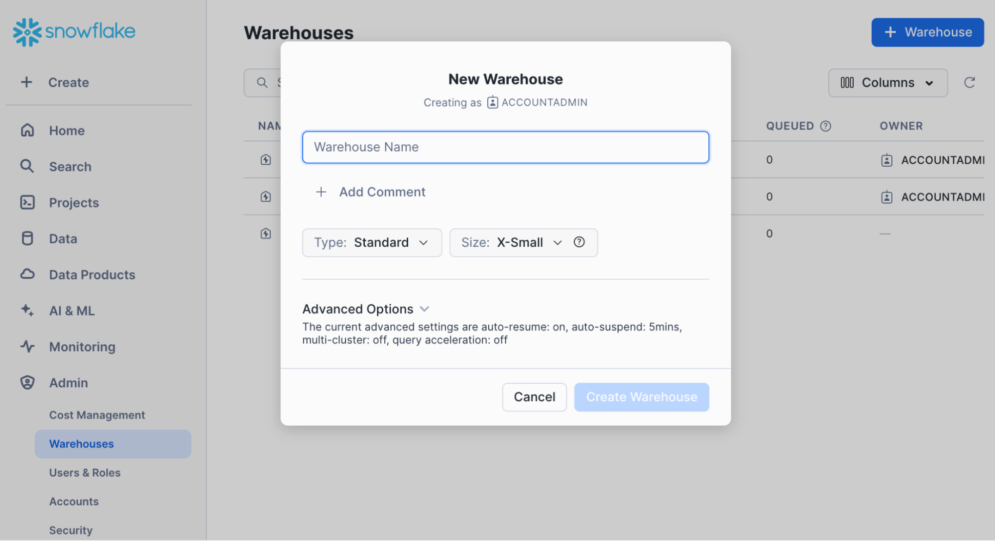 Create Warehouse