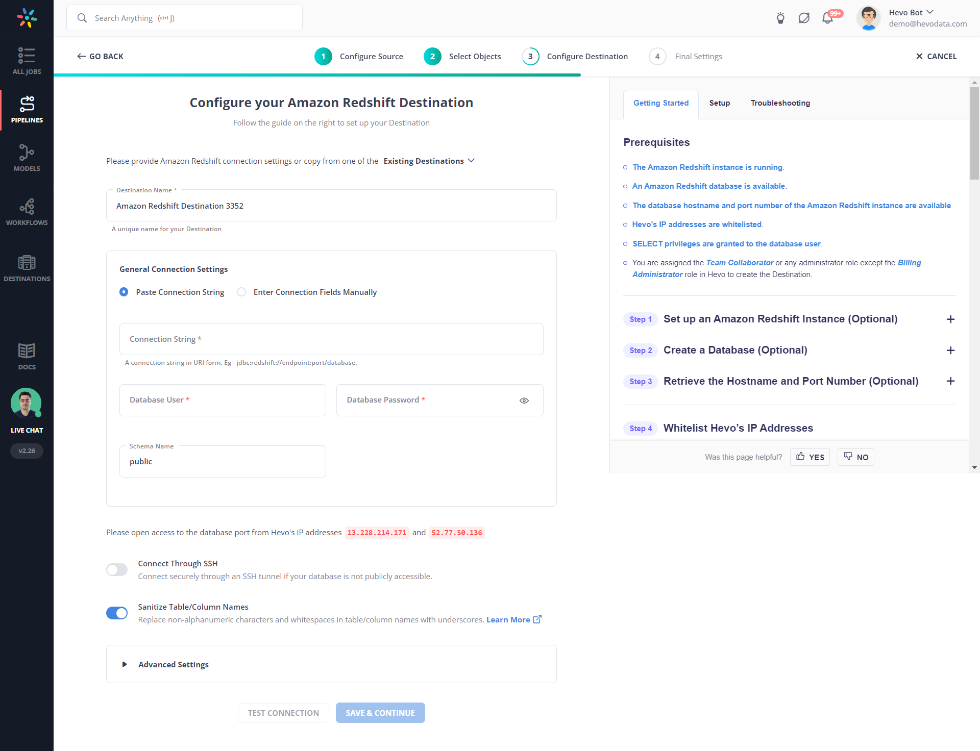 Configure Redshift using Hevo