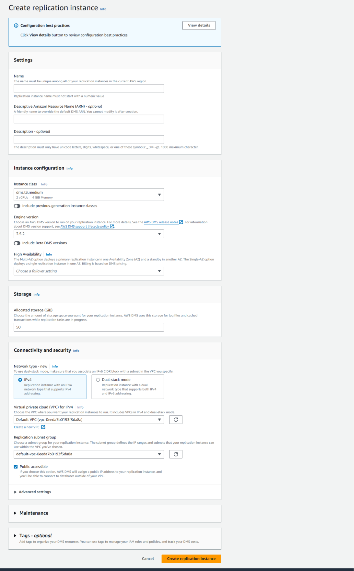 Replication Instance Creation settings