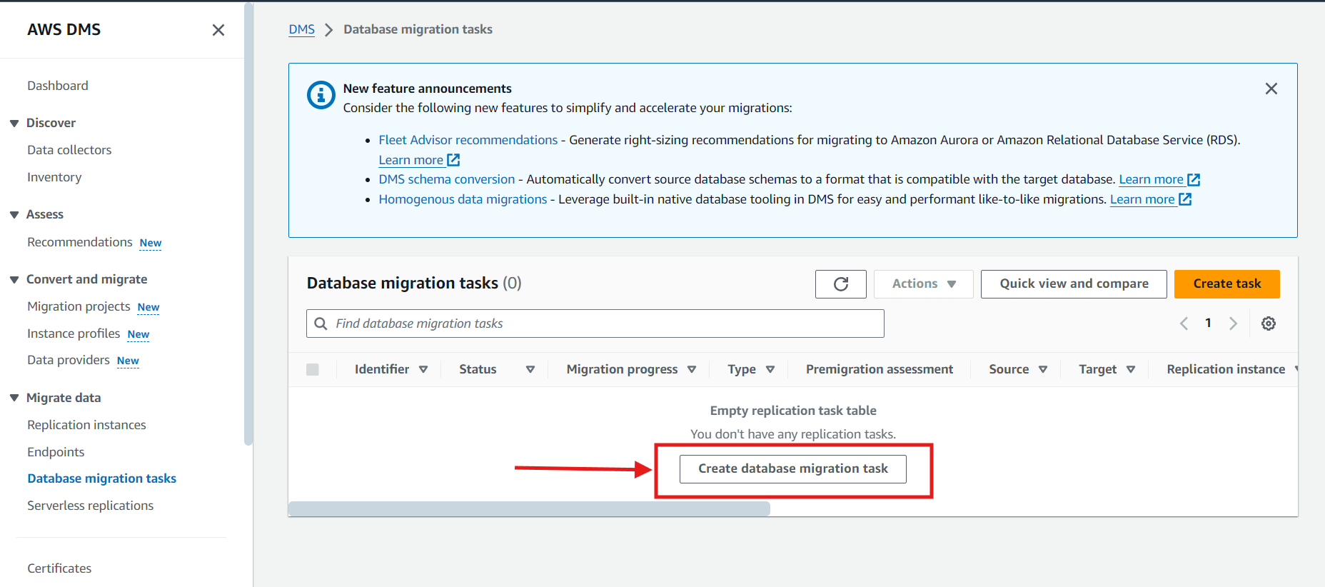 Database Migration task option