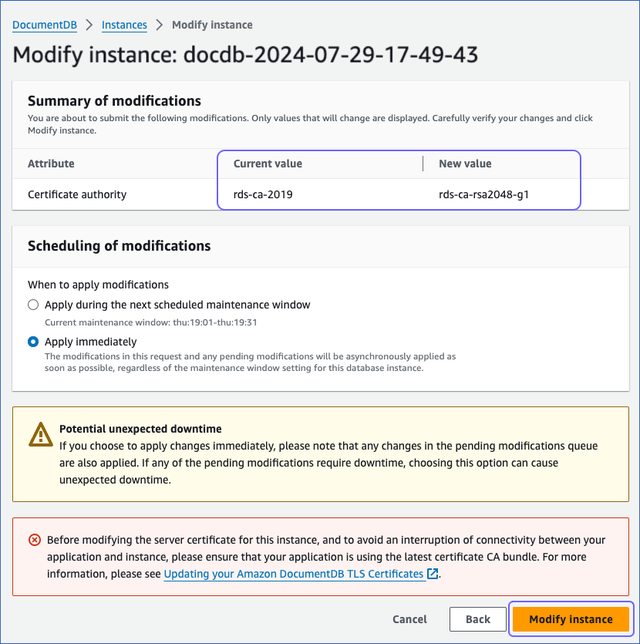 Review Changes and Modify Instance