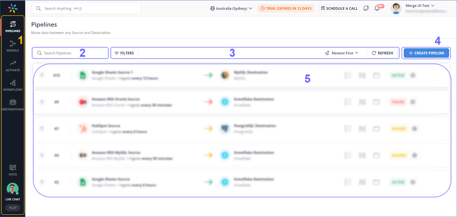 Layout of the List View in Hevo