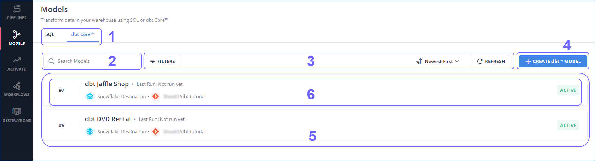 dbt Projects List View