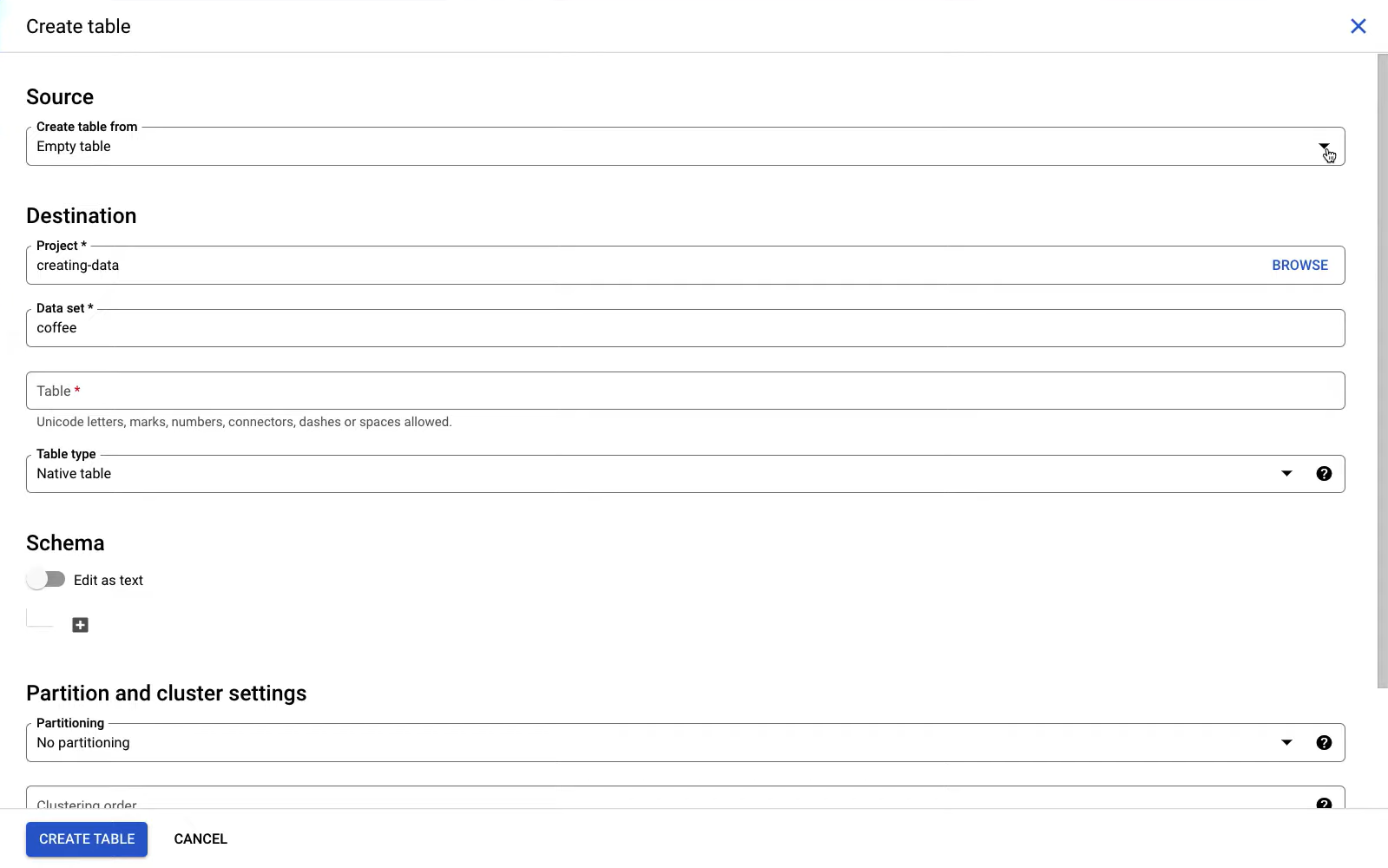 Google BigQuery - Create Table
