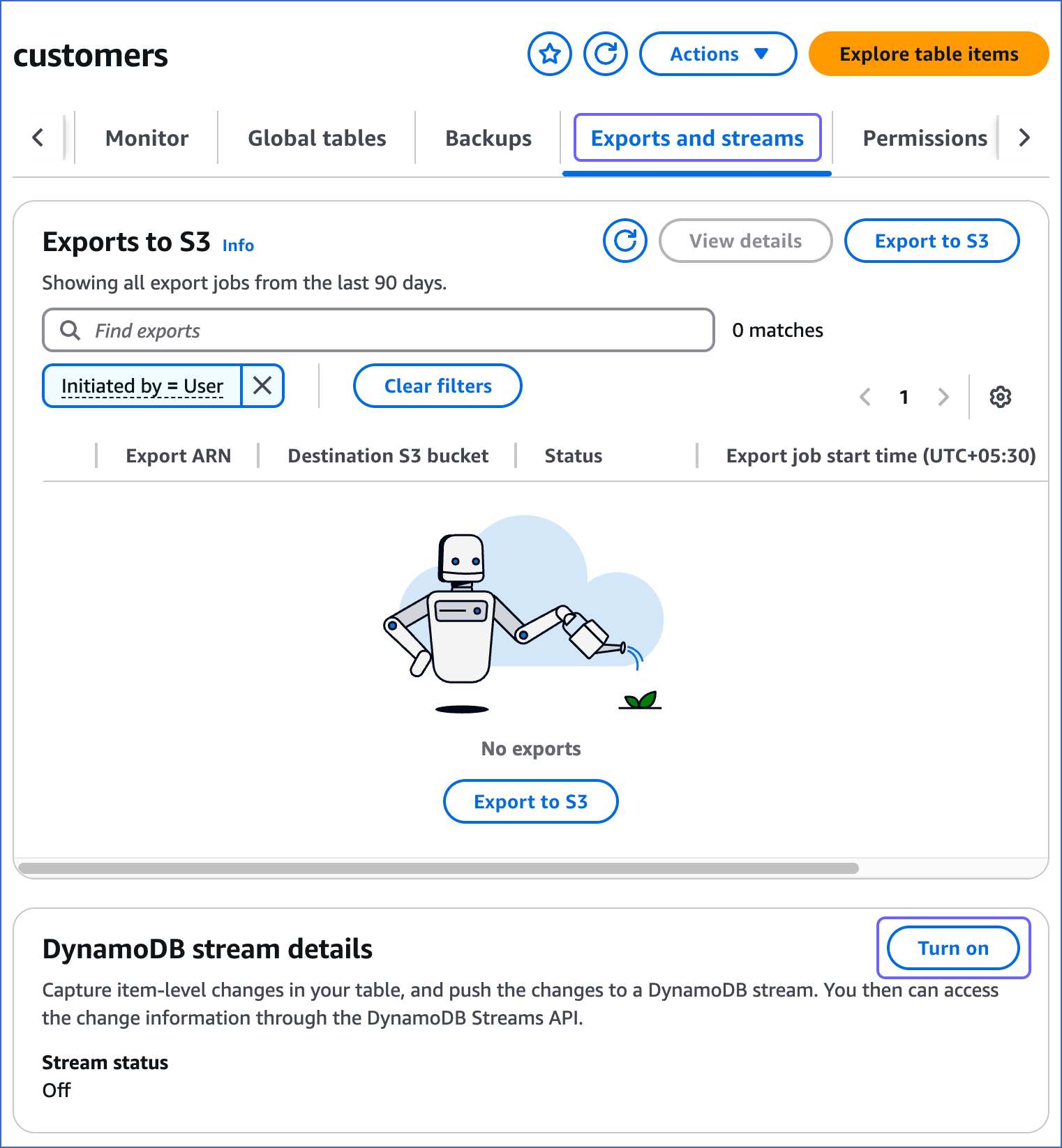 Export and streams tab
