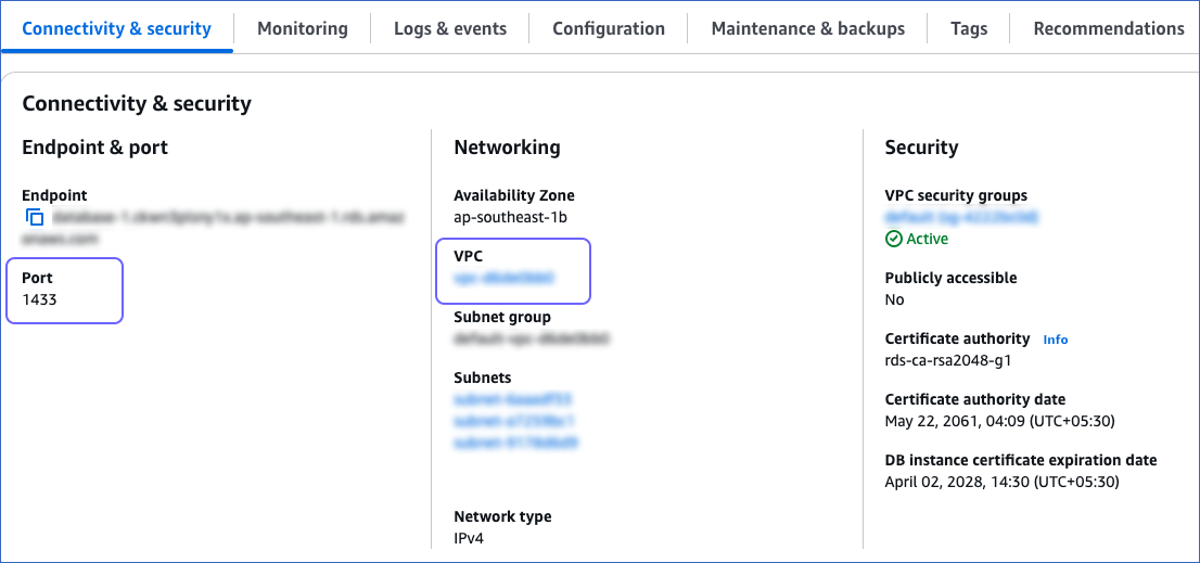 RDS VPC and Port