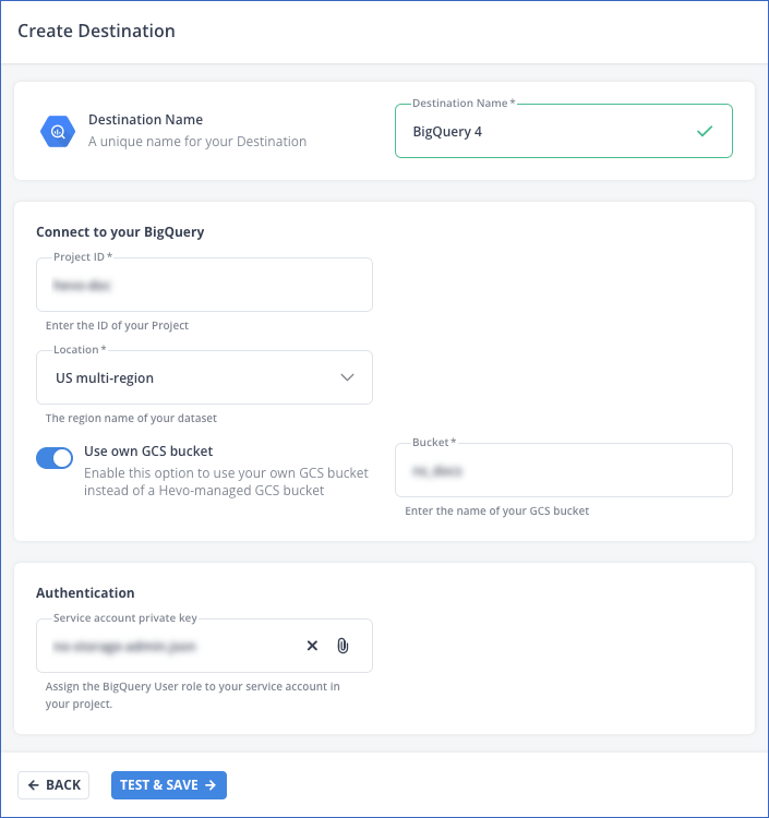 Create BigQuery Destination