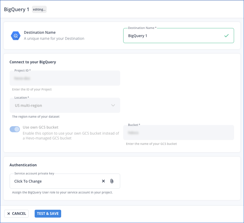 Edit BigQuery Destination