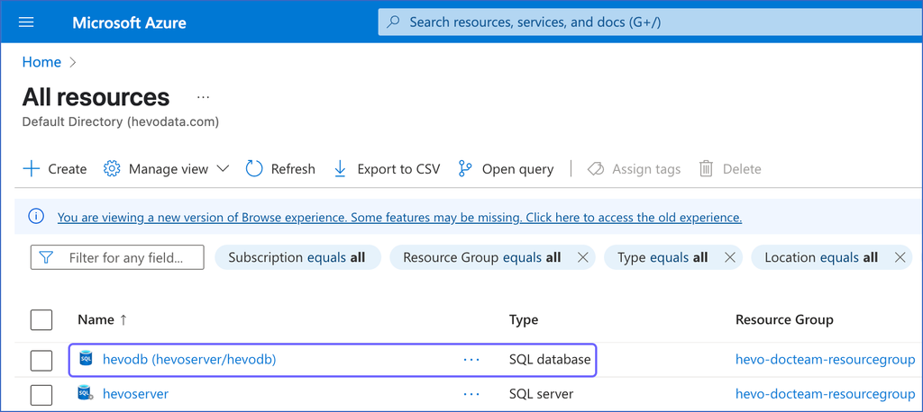 Click SQL database