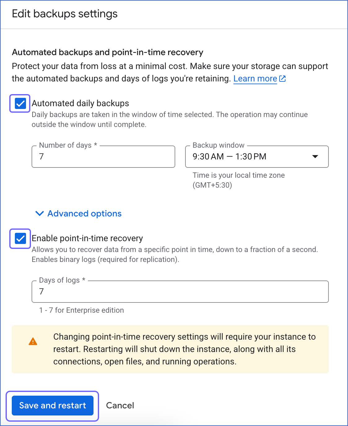 Edit backups settings
