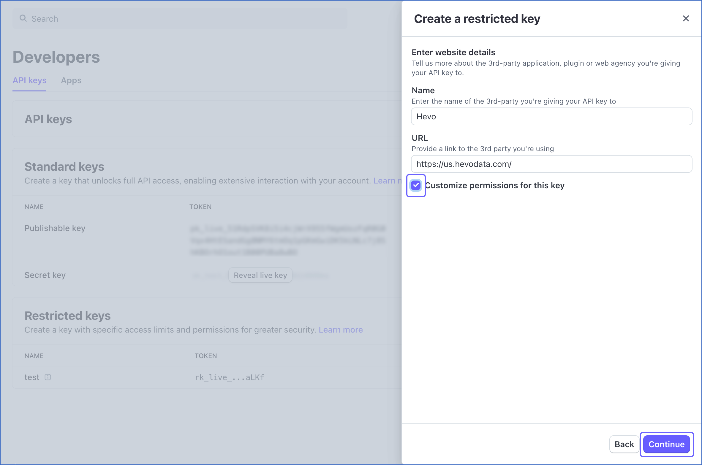 Customize permissions for restricted key