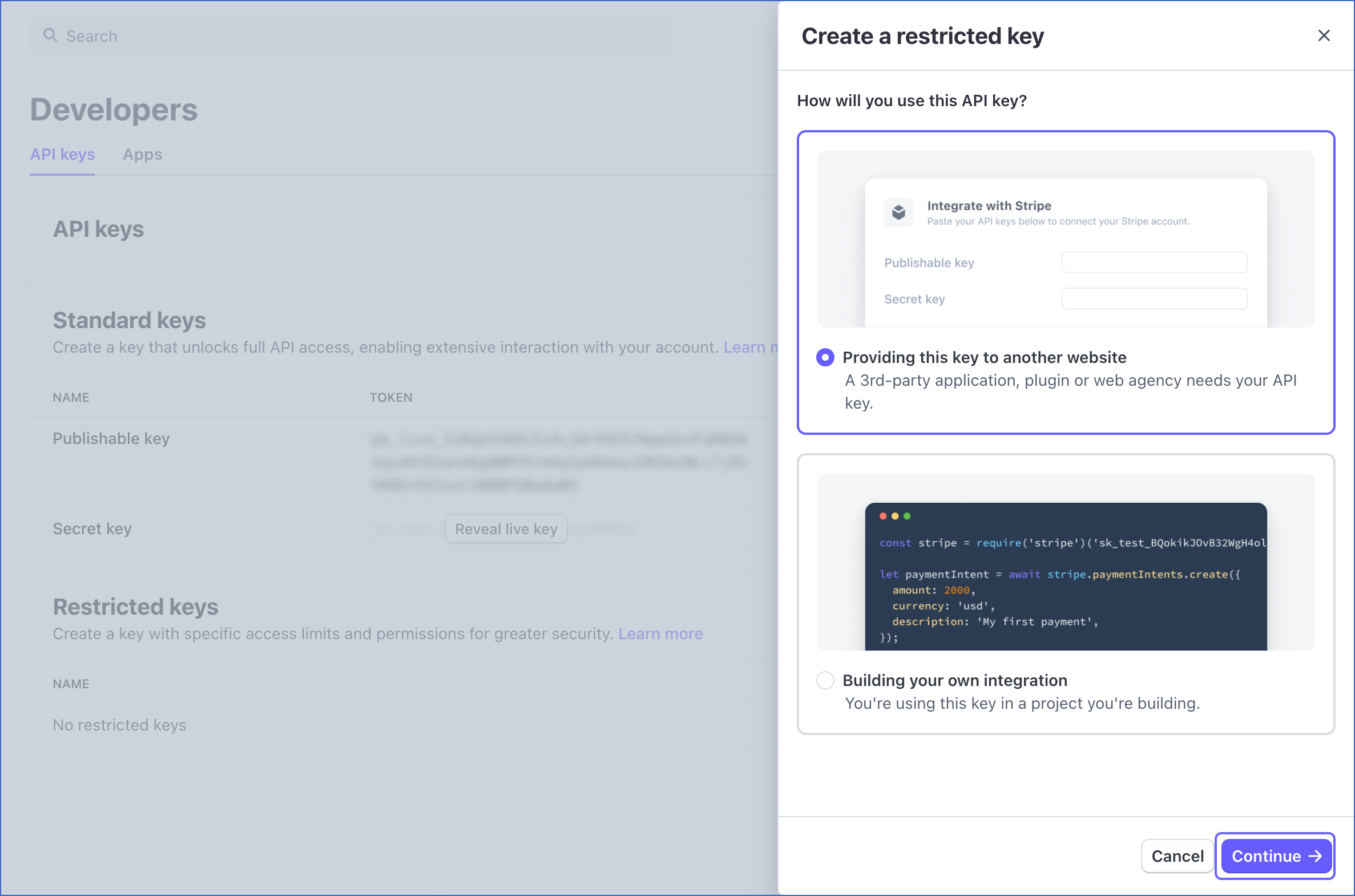 Providing website details for restricted key