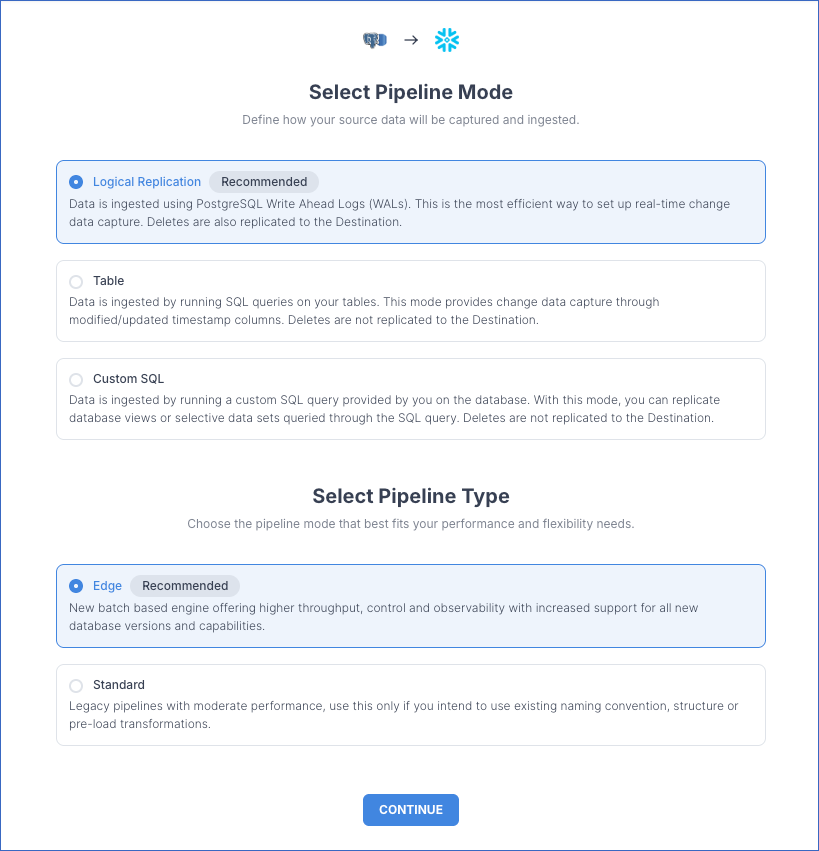 Select Pipeline mode page