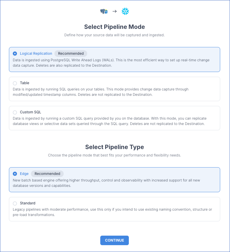 Select Pipeline mode page