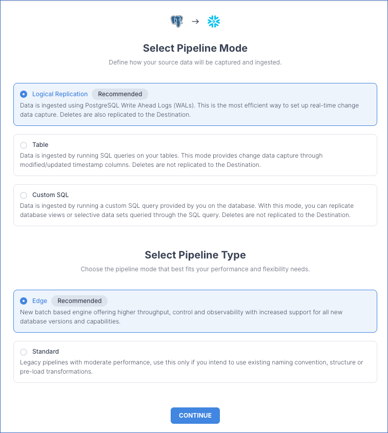 Select Pipeline mode page