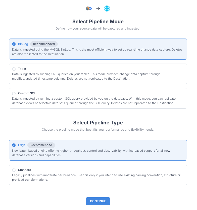 Select Pipeline mode page
