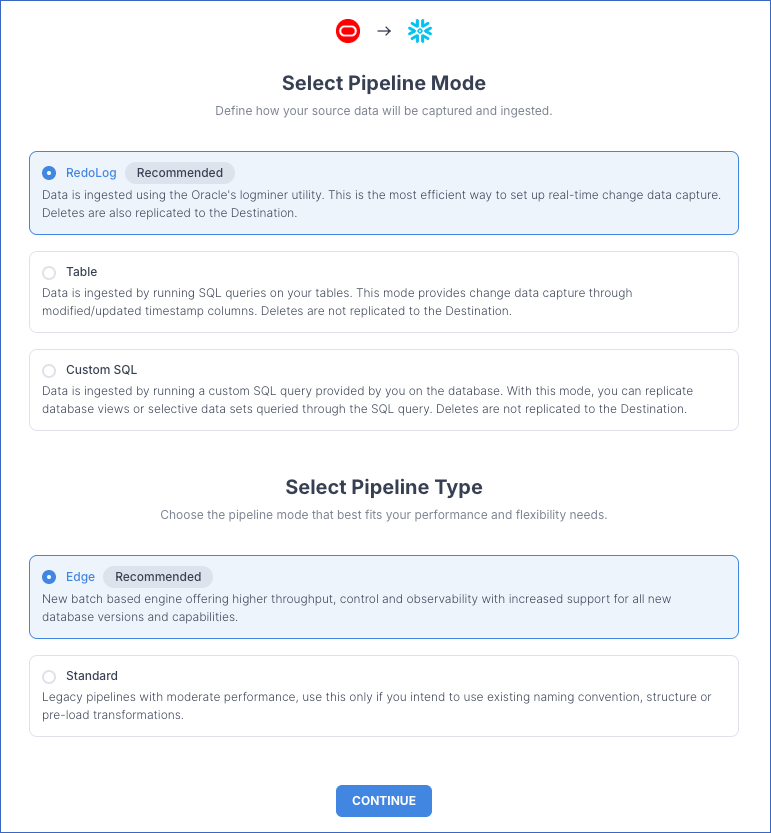 Select Pipeline mode page