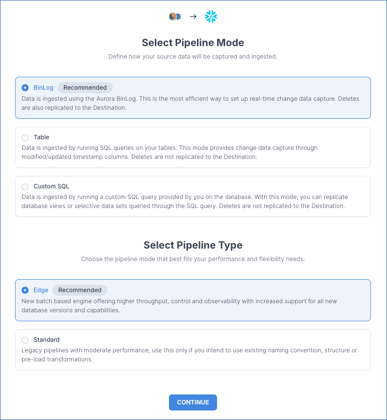 Select Pipeline mode page
