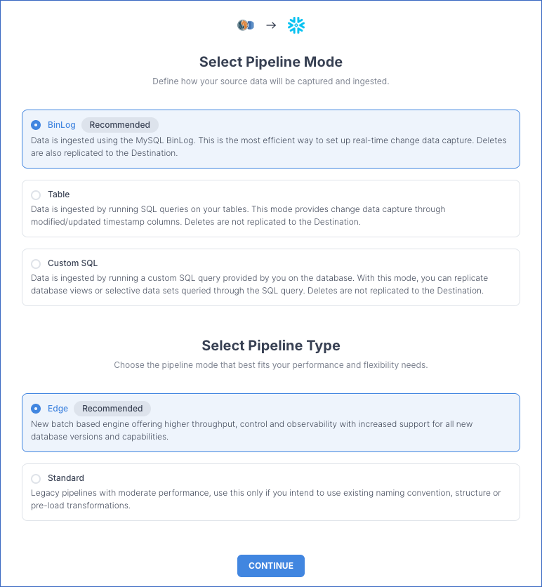 Select Pipeline mode page