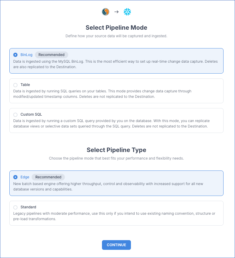 Select Pipeline mode page